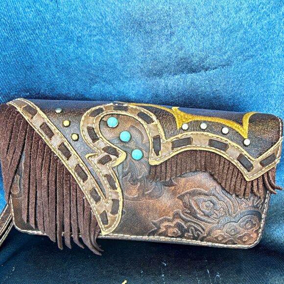 Unbranded Handbags - Western Tooled Leather Fringe Wristlet Clutch Wallet – Turquoise Detail, fringe